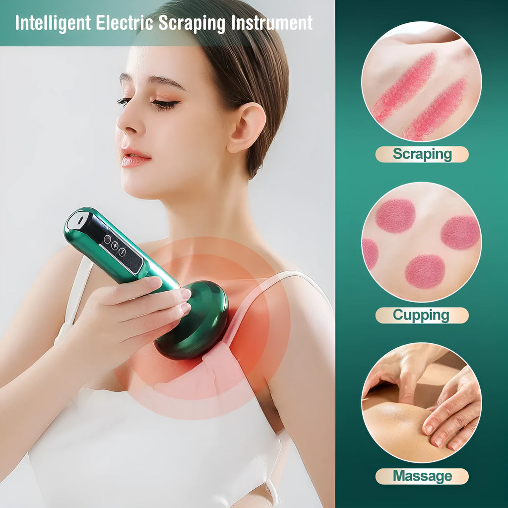 Green electric vacuum cupping massager with suction cup head on a white background