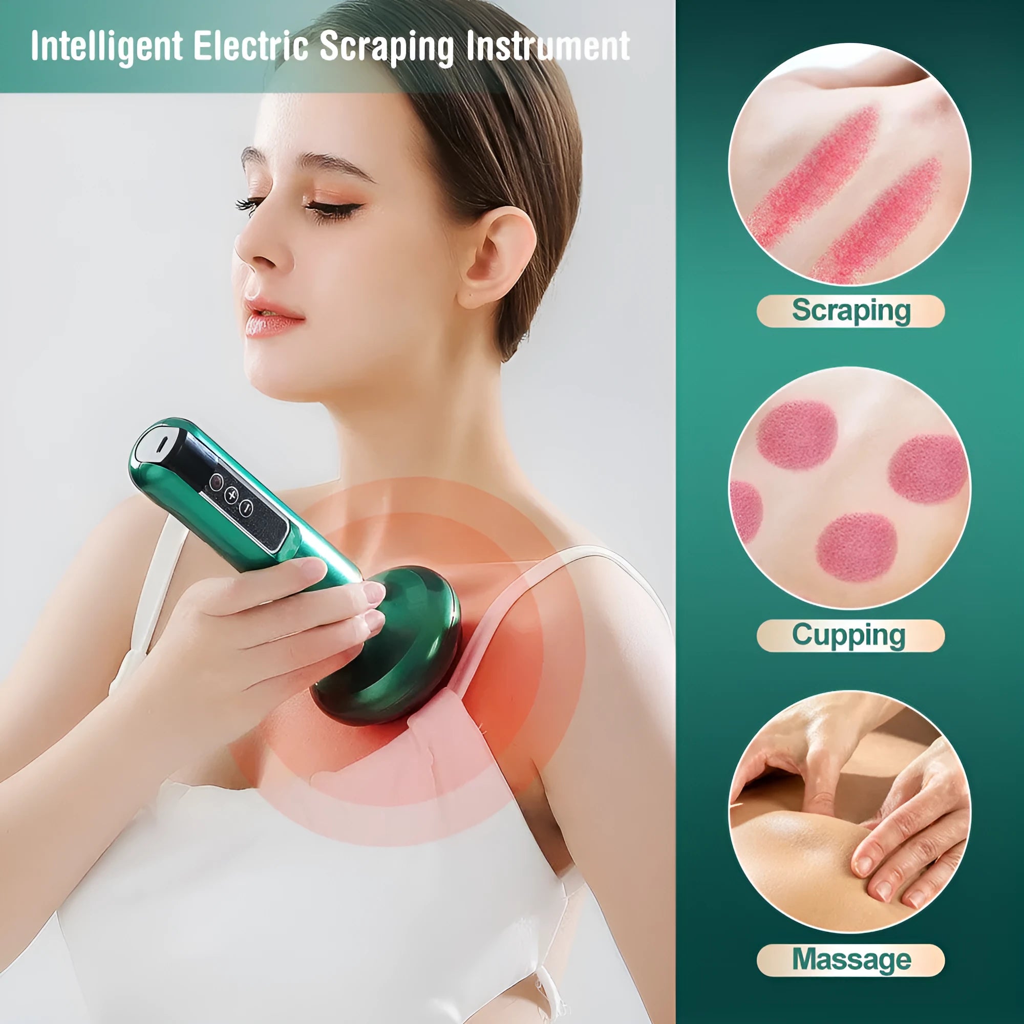 Green electric vacuum cupping massager with suction cup head on a white background