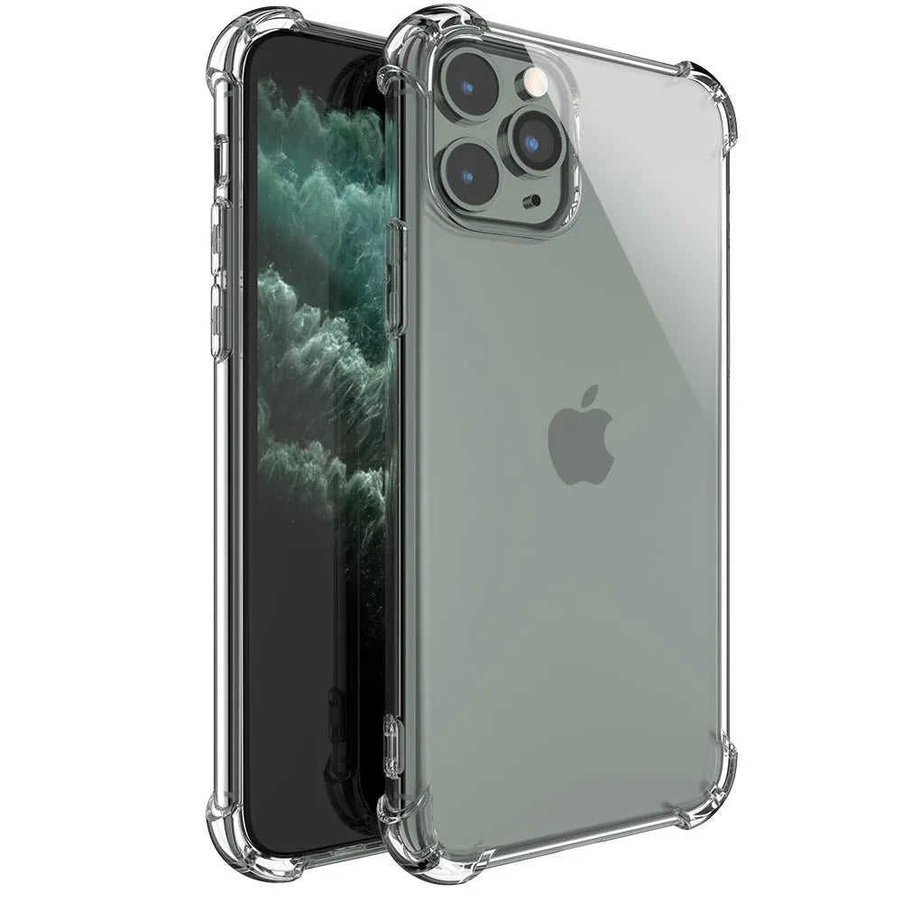 Clear transparent TPU shockproof iPhone case shown on a phone, compatible with models 6 to 13 Pro Max.