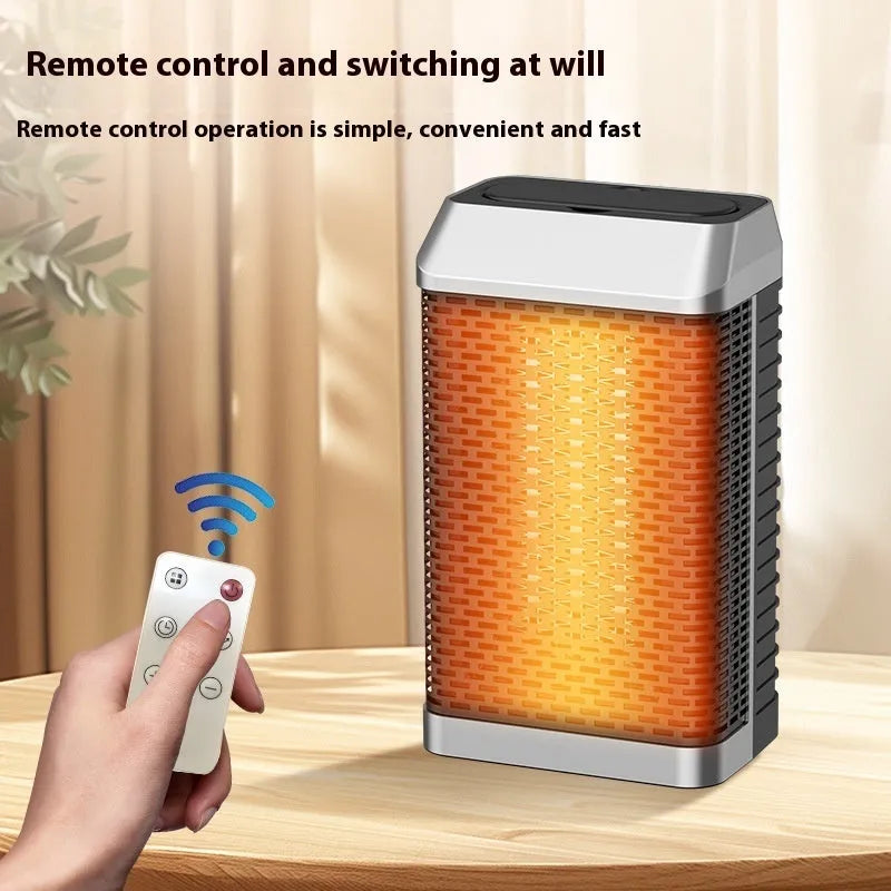 Black remote control desktop warm air blower heater showing compact size and control panel.