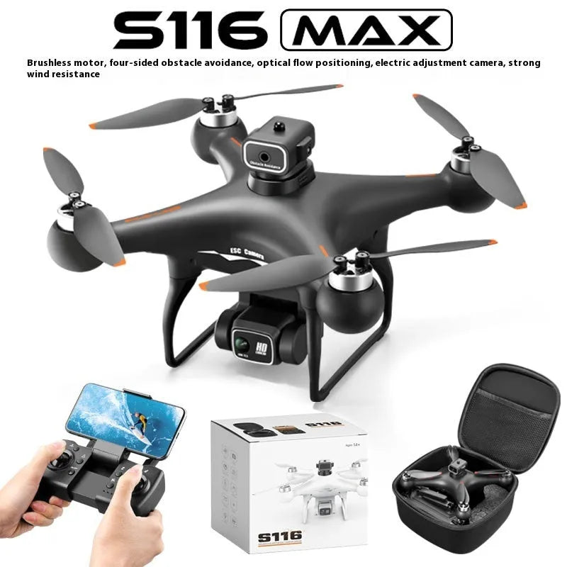 S116 black and white brushless quadcopter drones with four-propeller design and HD camera.