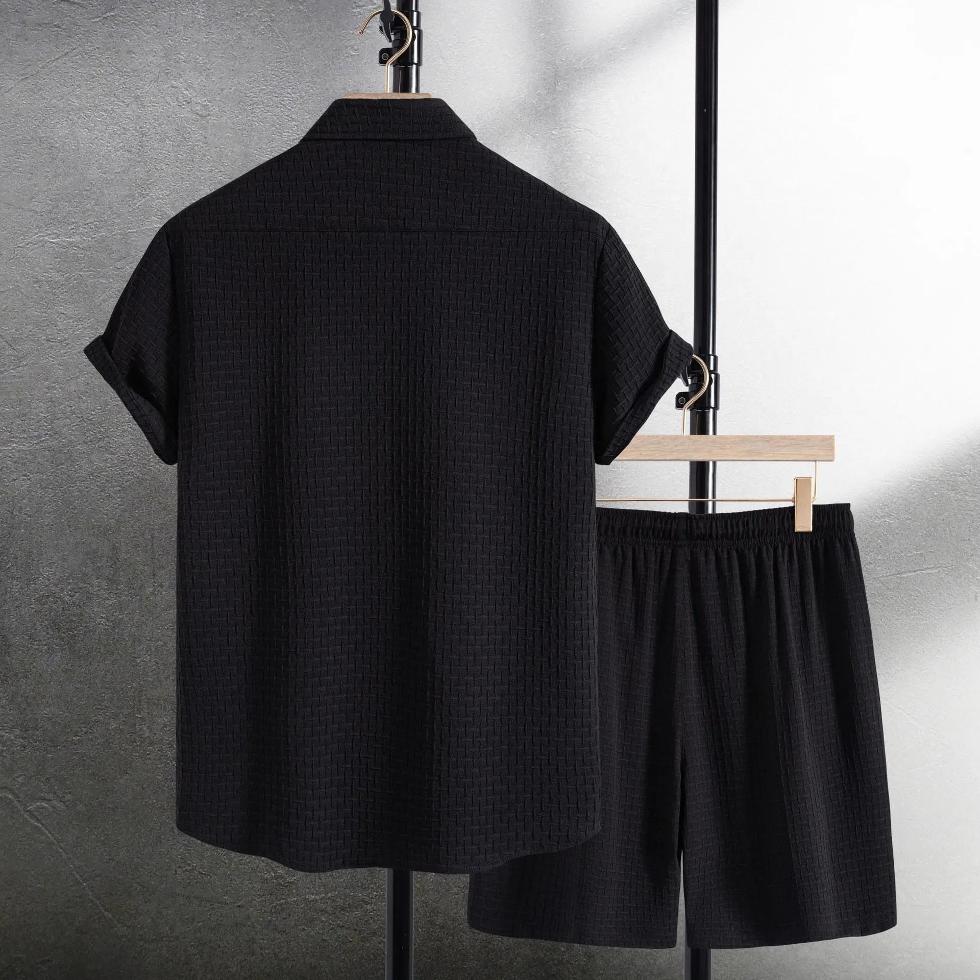 Men's loose-fit cotton blend shirt and shorts summer casual set in black
