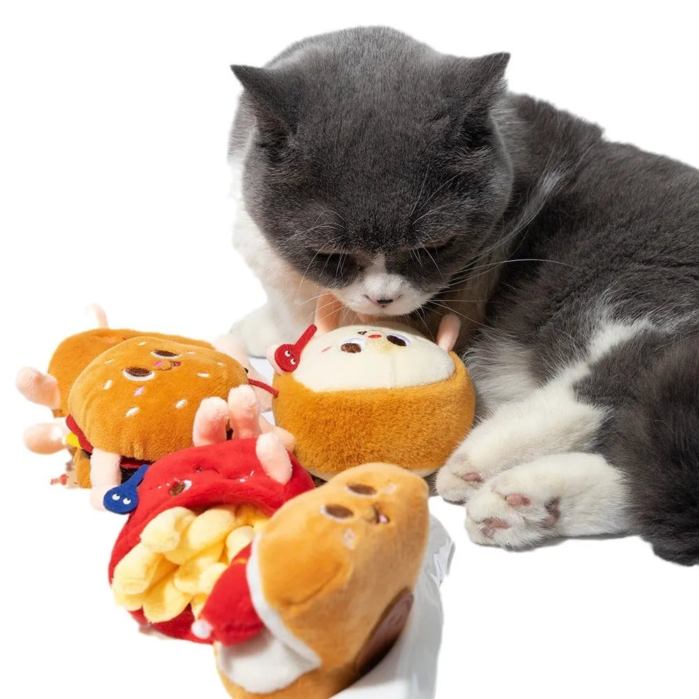 Cat mint plush chew toy set showing hamburger, chicken leg, fries, and hot dog shaped toys for kittens and cats