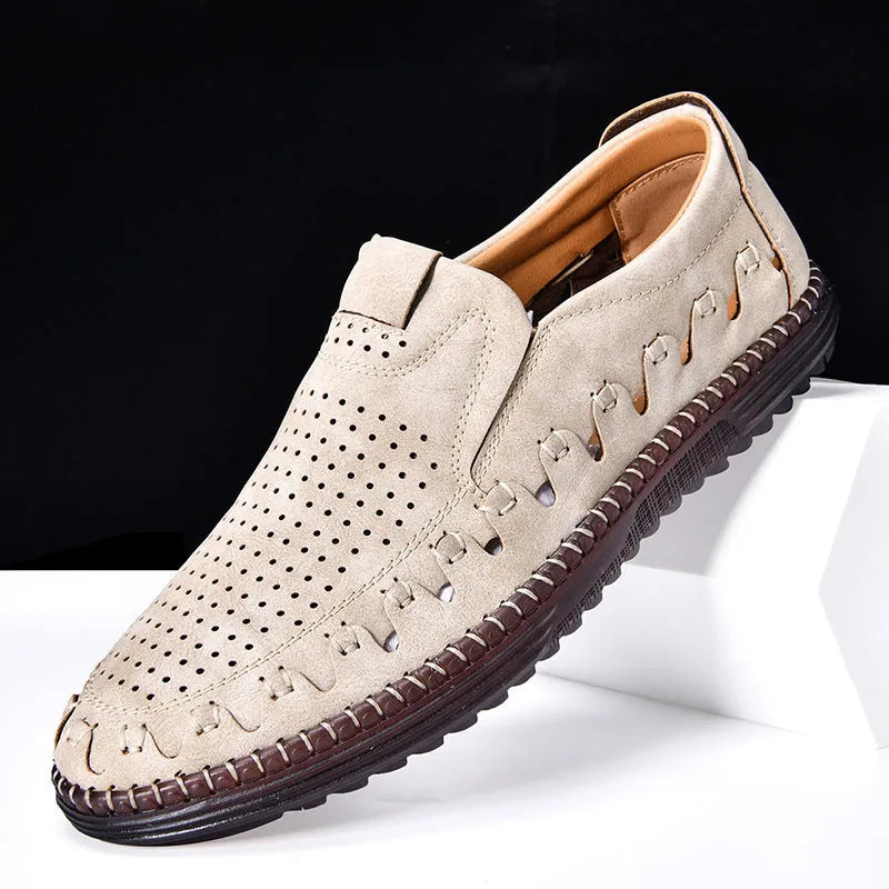 Men's brown slip-on leather casual shoes with round toe and visible stitching details