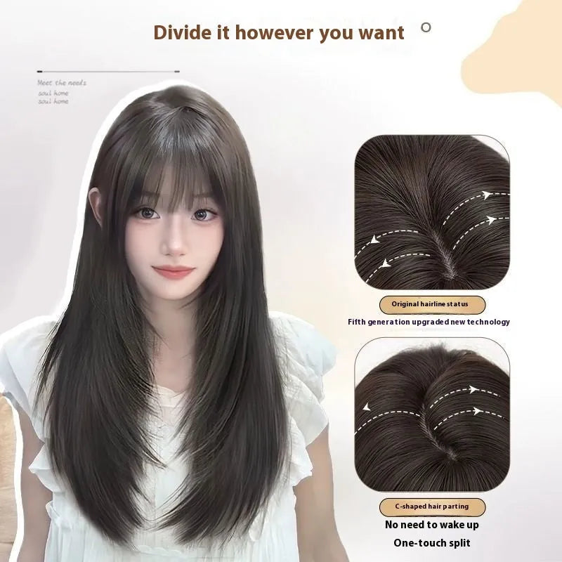 Black long straight high-layered full-head wig with built-in hair net for ladies.