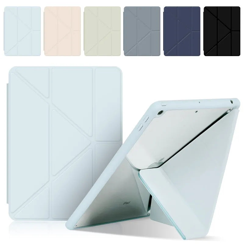 Acrylic Y folding imitation leather iPad case in dark grey, shown in both closed and standing bracket positions.