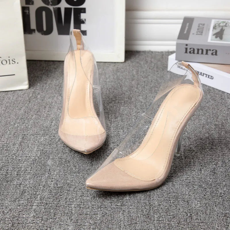Women's transparent suede pointed stiletto pumps low-cut shallow mouth height increasing shoes apricot colour