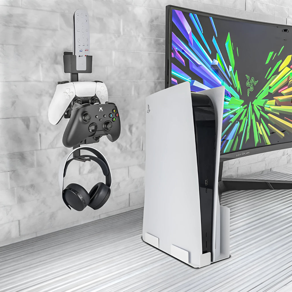 Wall-mounted remote control hook for gaming accessories in black colour