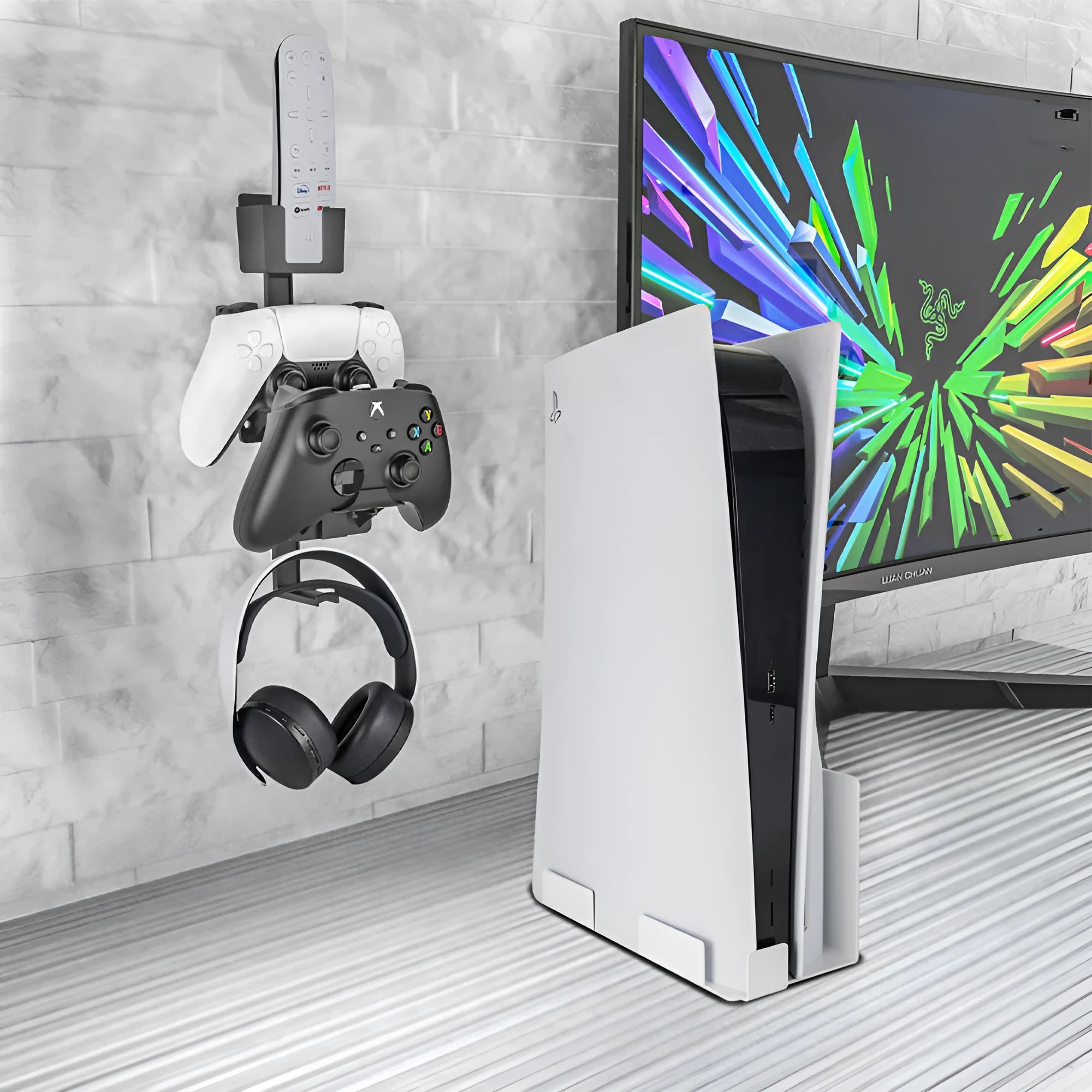 Wall-mounted remote control hook for gaming accessories in black colour