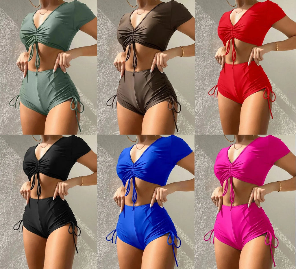 Ladies lace-up bow swimsuit set with matching shorts in polyester for swimming