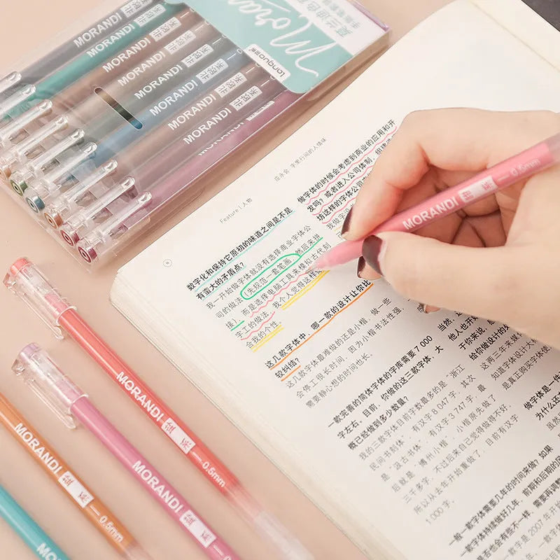 Set of nine solid colour gel pens with 0.5mm needle tips, packaged in a retro, Nordic, salt, or sweet series design.