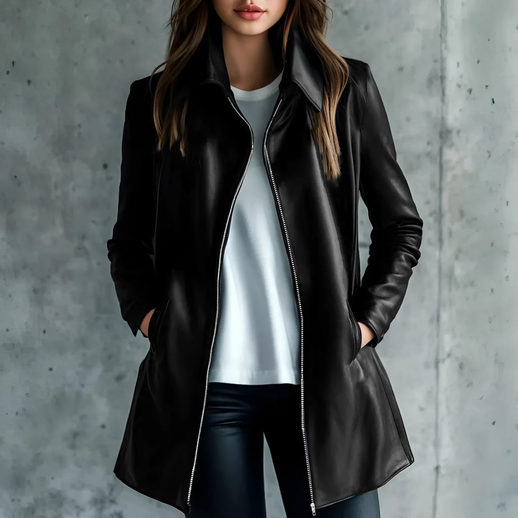 Women's black polyester jacket with long sleeves, medium 65cm length, casual commute style, front view