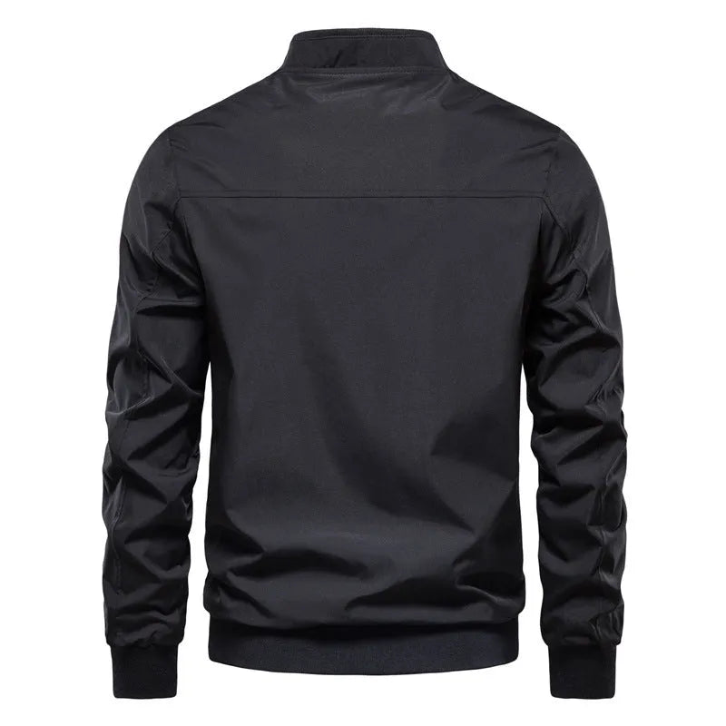 Men's solid colour casual lightweight polyester jacket shown in dark blue, black, and army green options