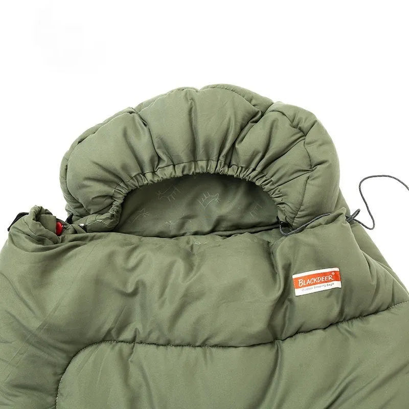 Outdoor cotton sleeping bag in ochre or olive green, shown rolled for portability.