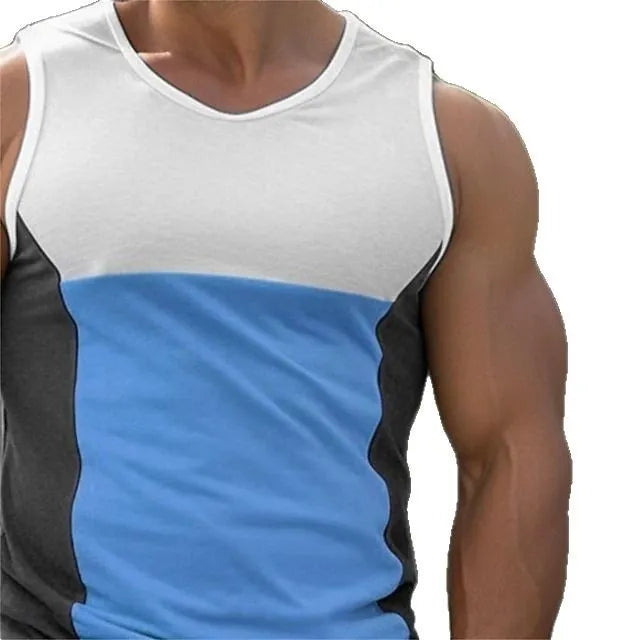 Men's blue cotton blend sports vest with contrast colour panels for running and fitness activities