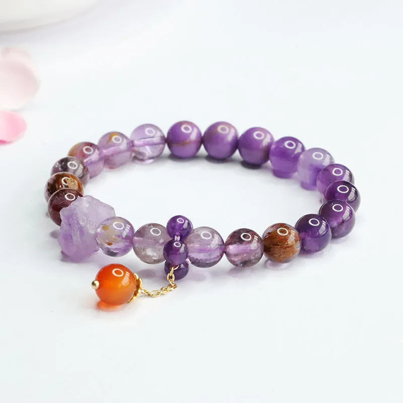 Natural purple amethyst crystal bracelet with red agate accents, 8mm beads, Mori style adjustable design
