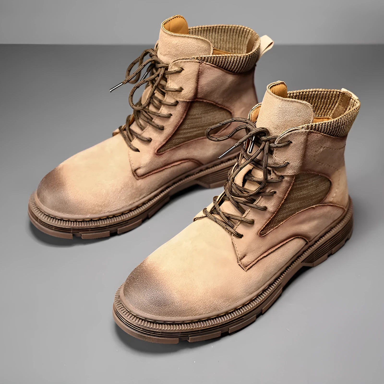 Men's vintage frosted microfibre leather Martin boots with a low thick heel and round toe.
