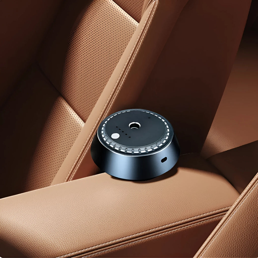 Black metal smart car aroma diffuser 30ml capacity, rechargeable with timer, size 9x4.5cm