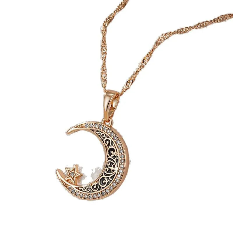 Rose gold star moon pendant necklace with zircon and enamel on adjustable water wave chain