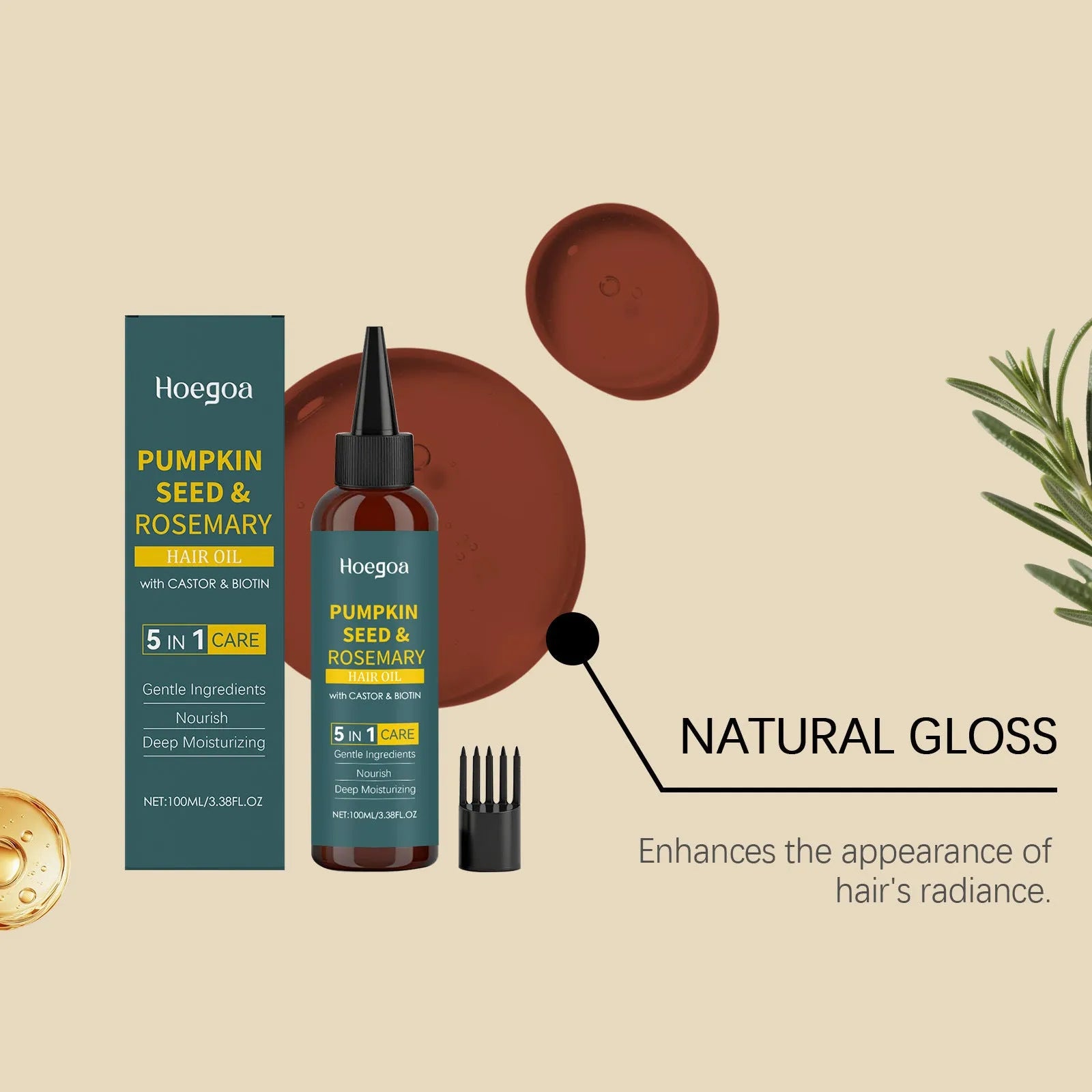 Rosemary hair care essential oil 100ml bottle with pointed applicator and hair comb