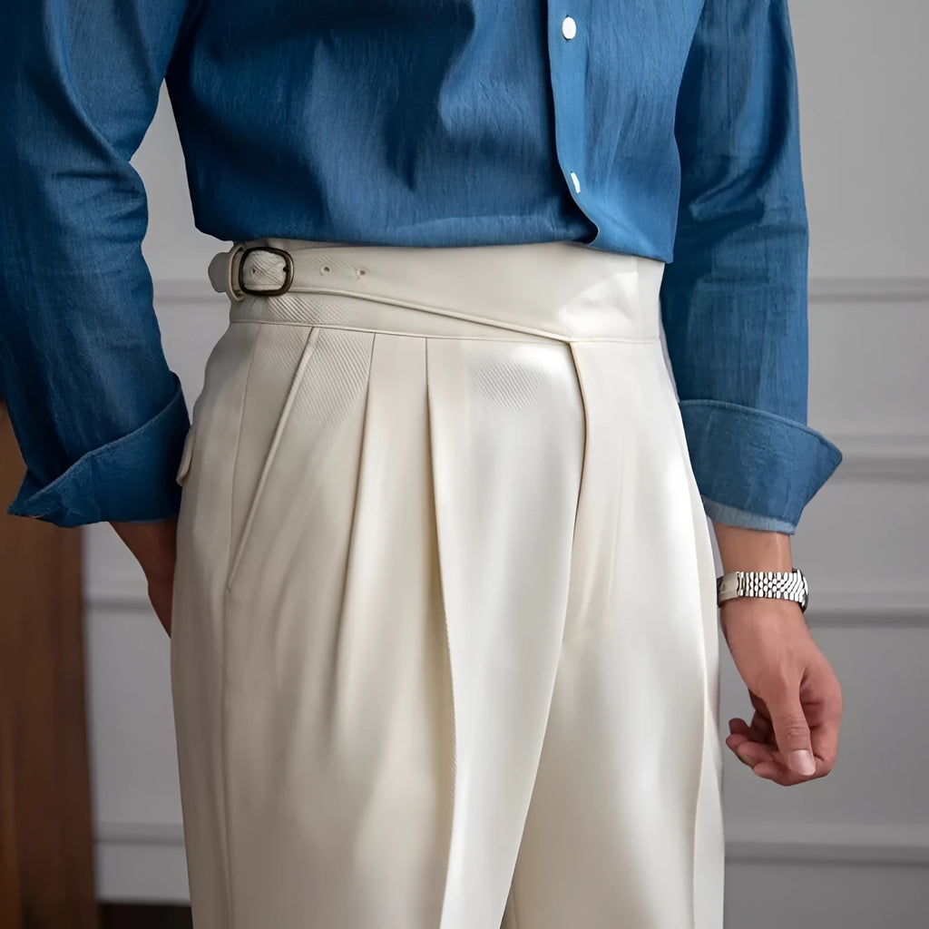Men's black high-waist straight-leg casual trousers laid flat.