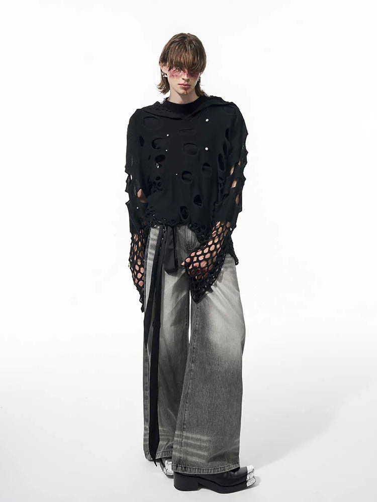 Black men's hooded pullover sweater with pearl decorative accents and loose fit design
