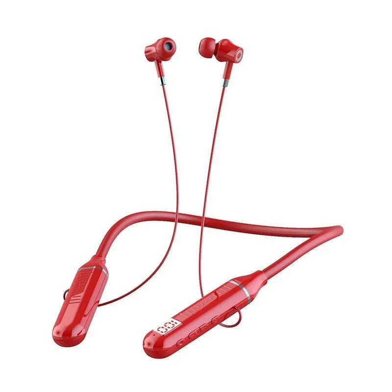 Black wireless neckband sports headphones with a power display card, shown on a blue background.