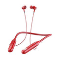 Black wireless neckband sports headphones with a power display card, shown on a blue background.