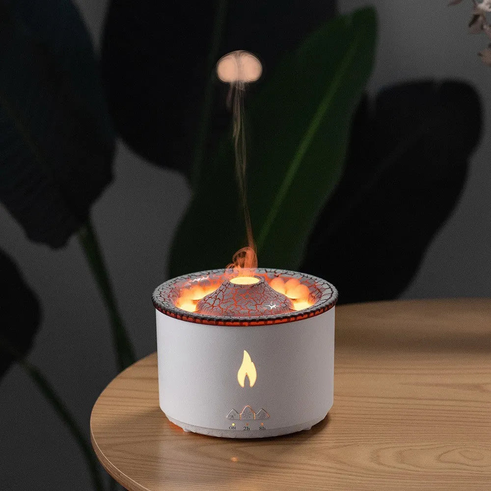 New two-color spray ring volcano humidifier in white, plastic construction, single fog outlet, timer function