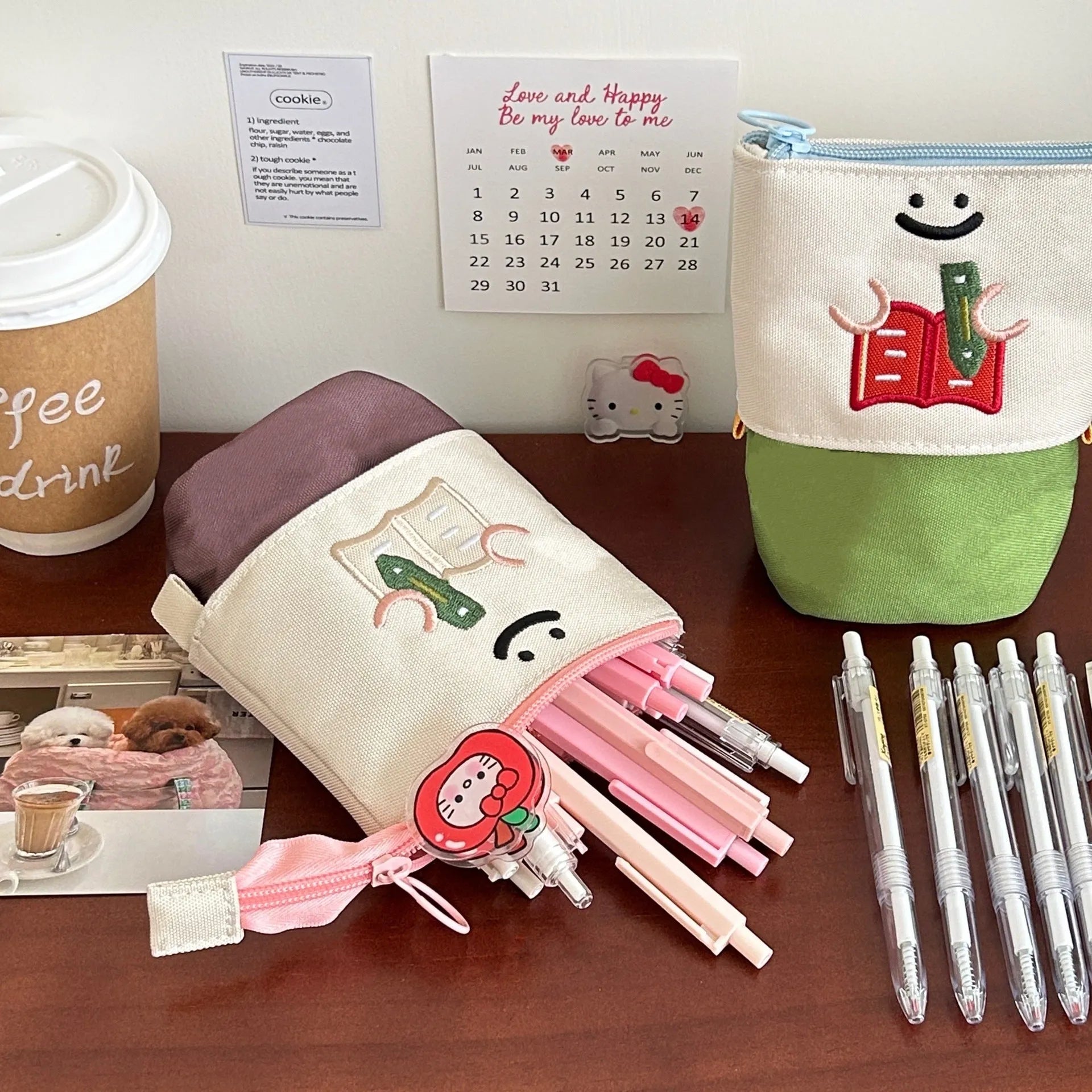 Brown Korean style collapsible Oxford fabric pencil case showing large capacity.