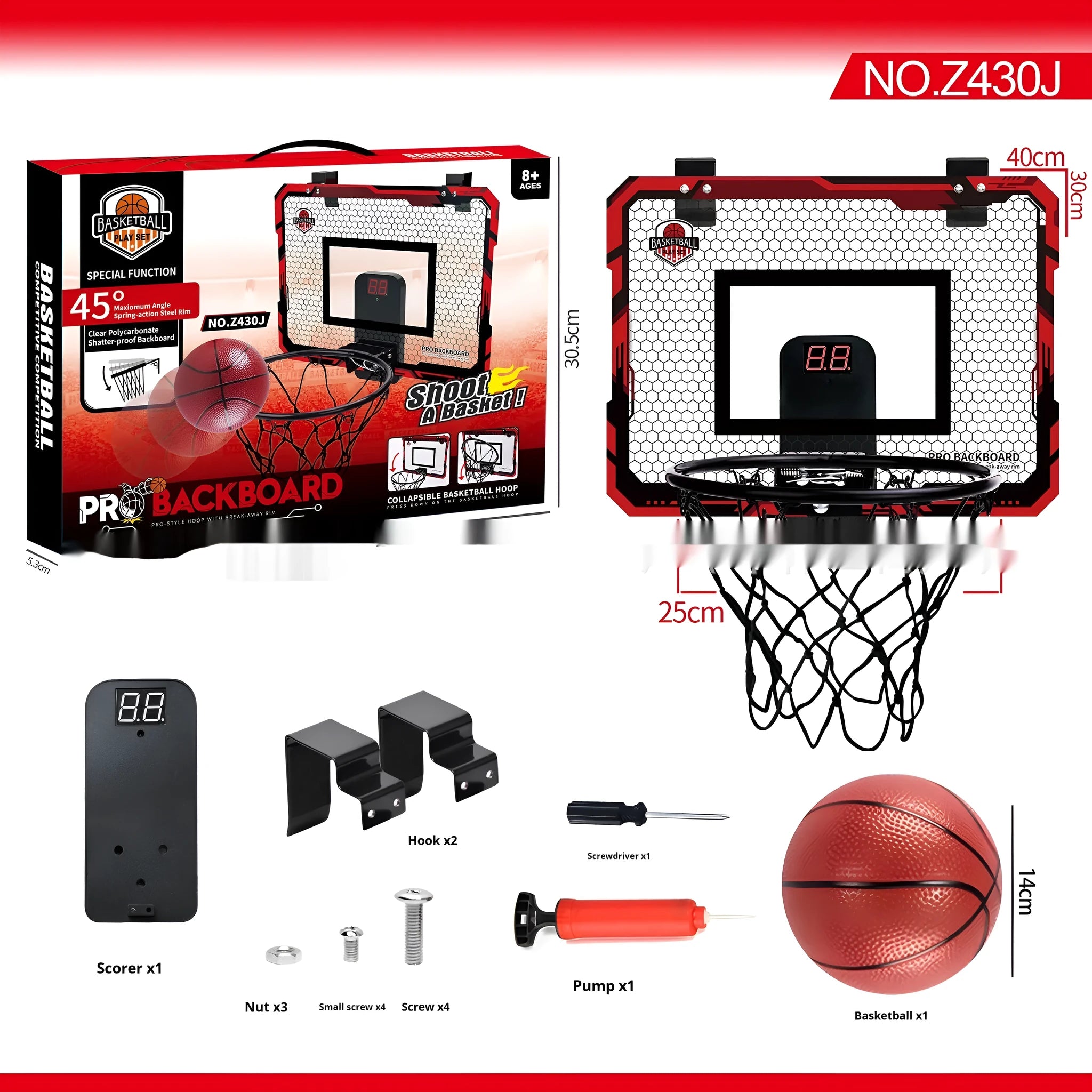 Red folding basketball frame with suction cups mounted on wall showing dual-use iron hook design