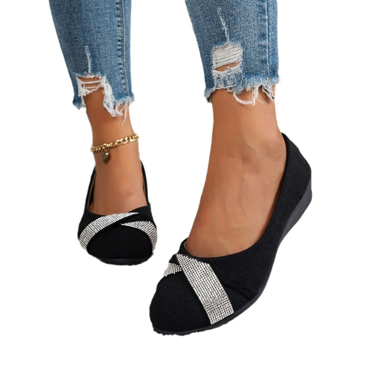 Black women's slip-on casual shoes with rhinestone decoration and chunky 6-8cm heel