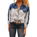 Single row multi-buckle denim coat for women, loose fit cotton jacket in colour matched pattern