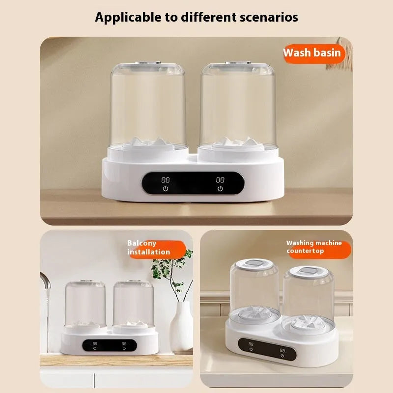 White double bucket USB portable mini washing machine for underwear on a countertop.