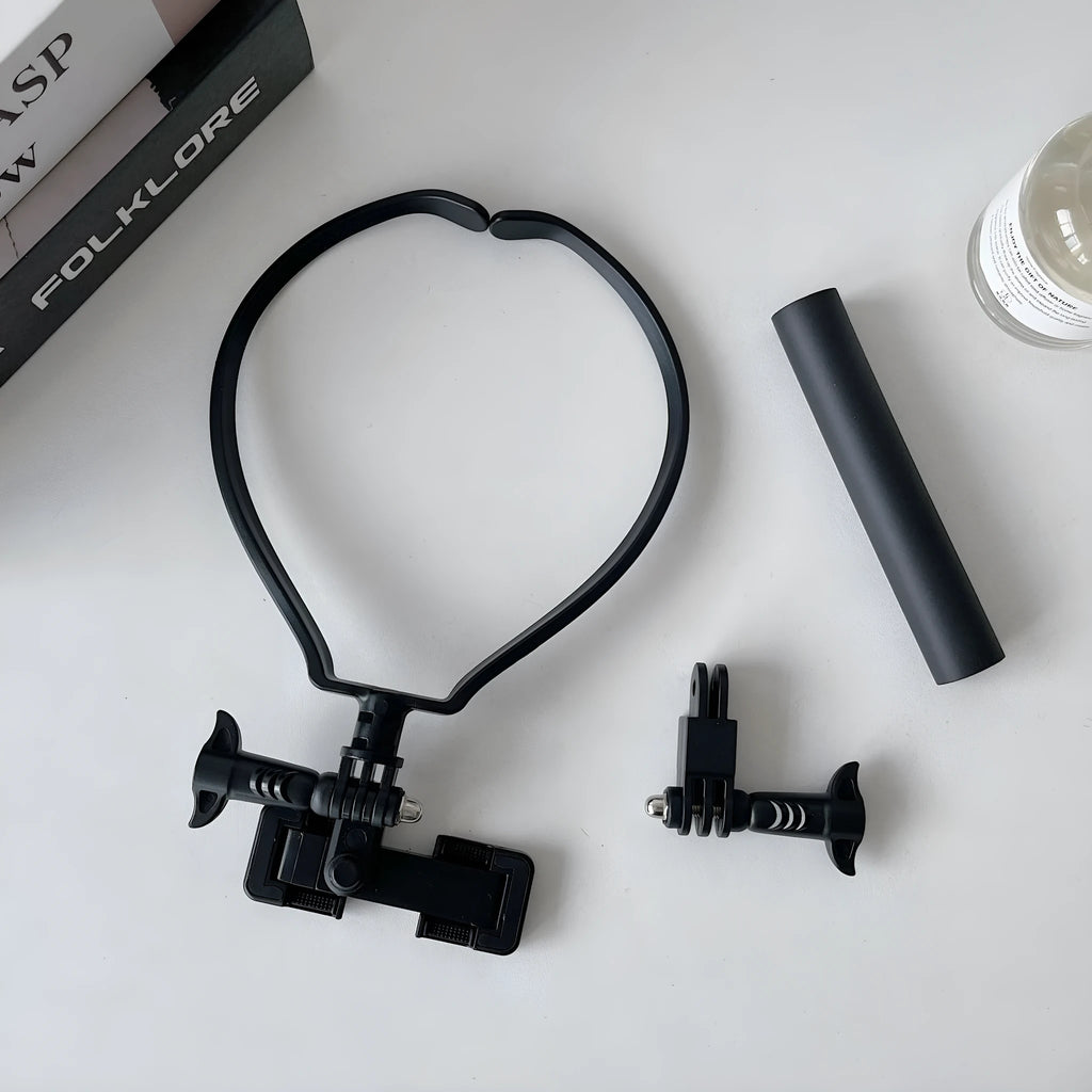 Black plastic cell phone neck hanging bracket with anti slip cushion and extension for horizontal vertical shooting