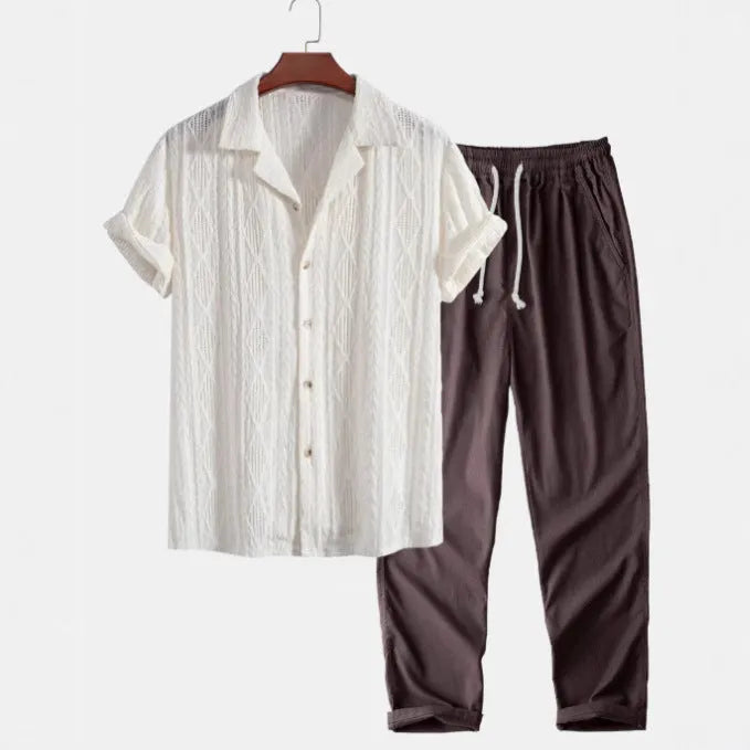 Men's slim fit camouflage print short sleeve shirt and plain trousers casual suit set