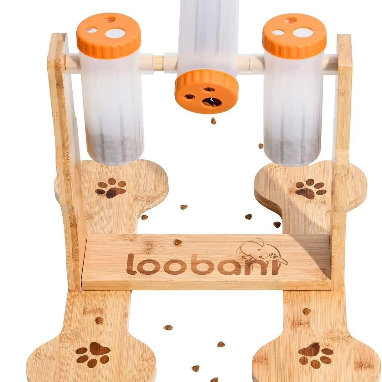 Natural wood colour dog puzzle toy feeder measuring 31cm by 30cm by 20cm