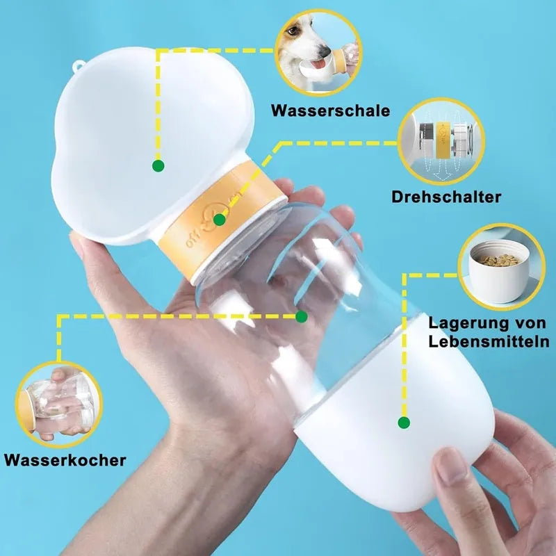 Portable dog water bottle with plastic body, rotary switch, and attached belt, showing water dispenser and bottom food container
