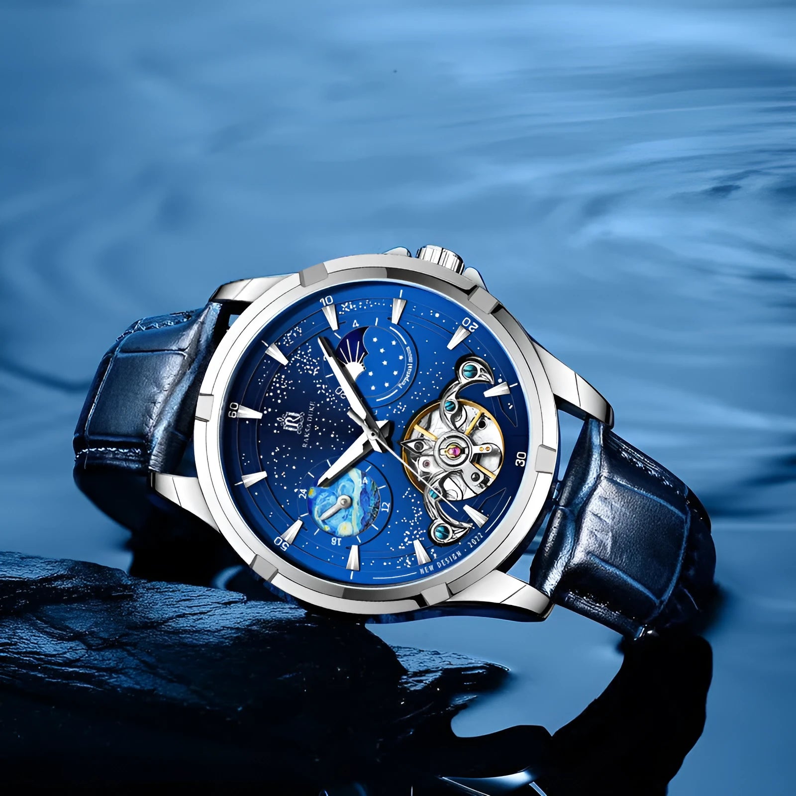Men's blue dial automatic mechanical watch with stainless steel case and date window