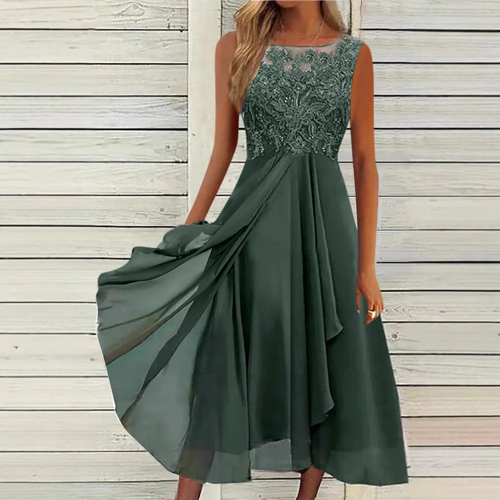 Women's sleeveless chiffon dress with hollow-out lace stitching in blue, green or purple colour options