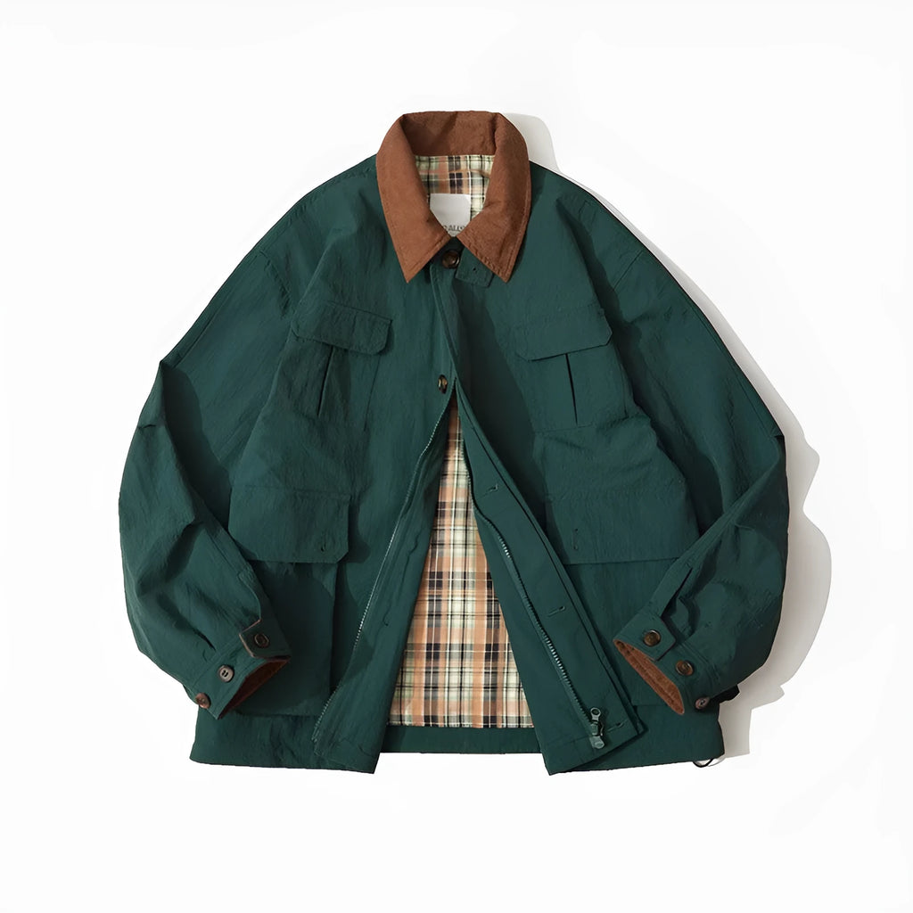 Green solid colour casual jacket with long sleeves and side seam pockets on a hanger