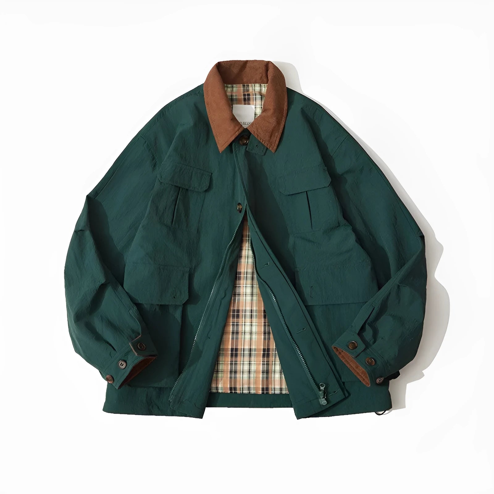 Green solid colour casual jacket with long sleeves and side seam pockets on a hanger