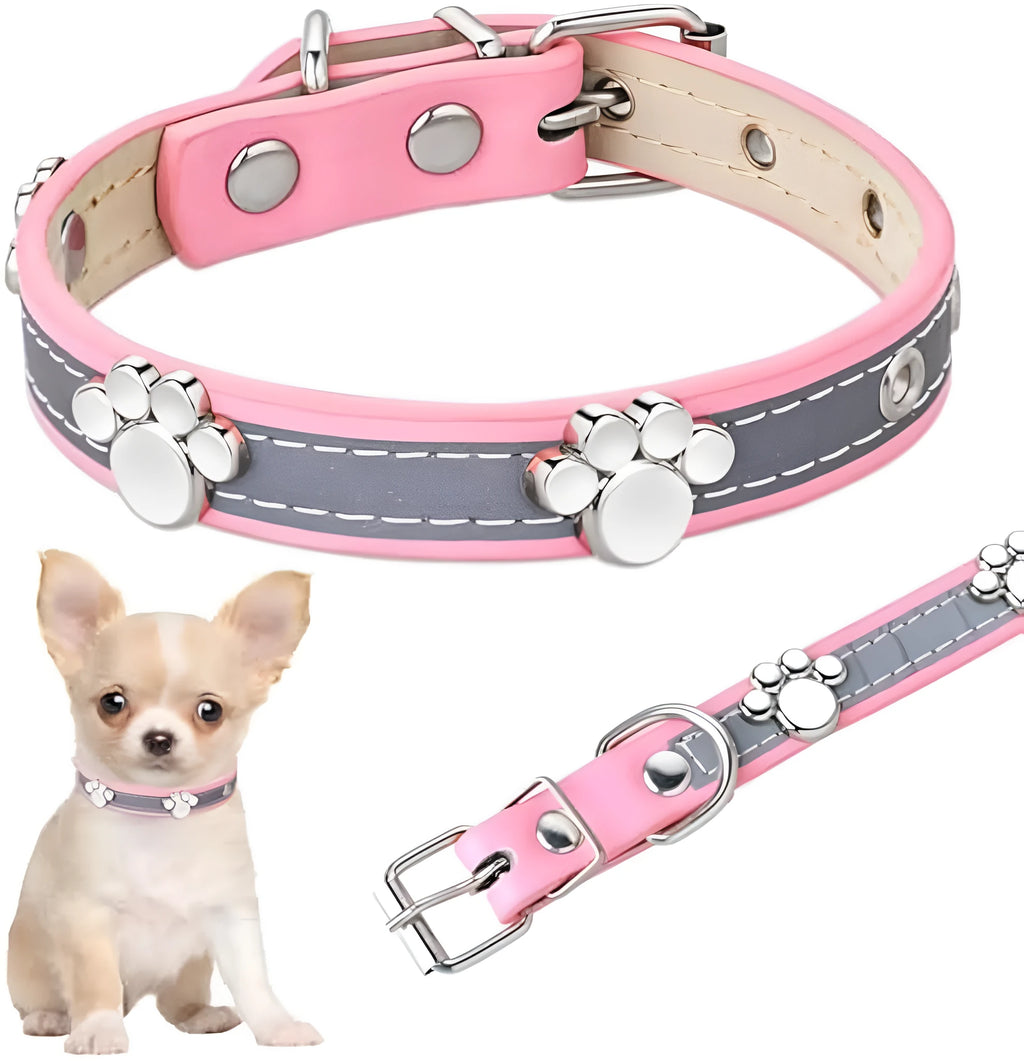 Reflective adjustable dog collar made of soft PU leather with metal buckle and paw-shaped rivet.