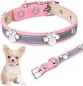 Reflective adjustable dog collar made of soft PU leather with metal buckle and paw-shaped rivet.