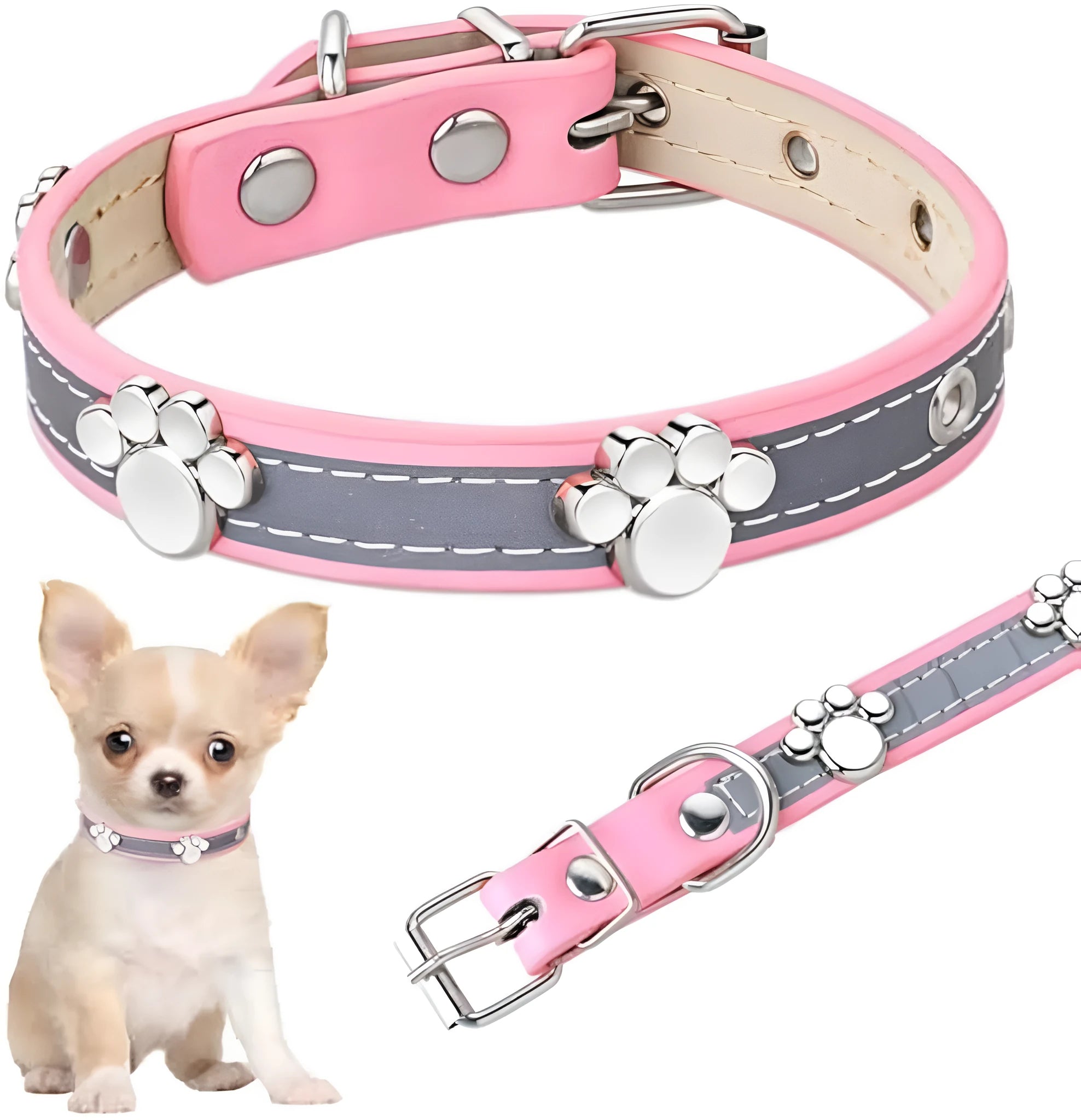 Reflective adjustable dog collar made of soft PU leather with metal buckle and paw-shaped rivet.