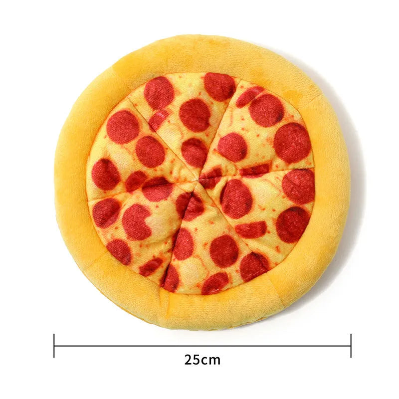 Yellow pizza slice dog chew toy with squeaker and dental grinding surfaces