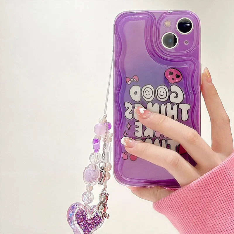 Purple graffiti English love chain phone case for iPhone 14 with love pendant on white background