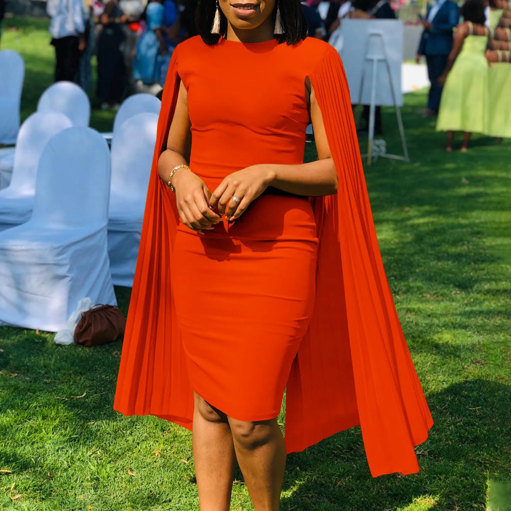 Long sleeve evening gown with pleated shawl collar and high waist design