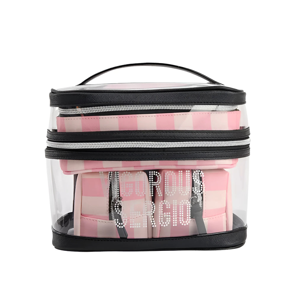 Pink floral pattern makeup bag with waterproof synthetic leather exterior and folding buggy design