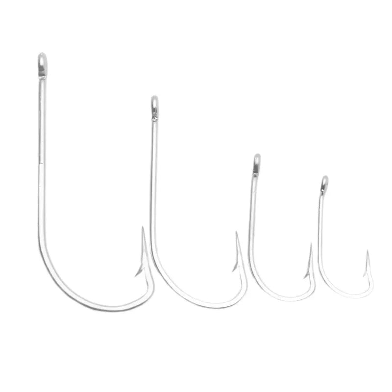 Assortment of stainless steel alloy sea fishing hooks for ocean boat fishing.
